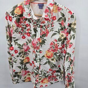 Laura Scott White Floral Roll Tab Sleeves Button Down Blouse Size Small
